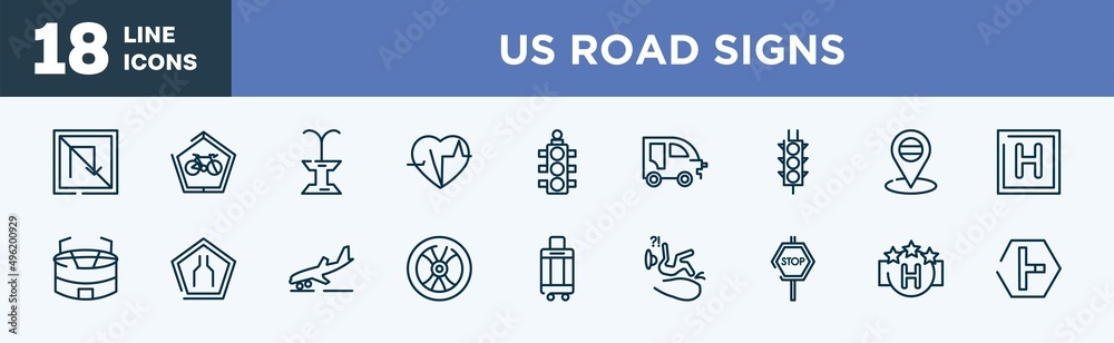 set of us road signs icons in outline style. us road signs thin line icons collection. no turn, ecological bicycle transport, public fountain, electrocardiogram inside heart, semaphore light,