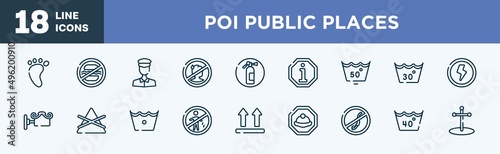 set of poi public places icons in outline style. poi public places thin line icons collection. four toe footprint, food not allowed, policeman figure, sick people not allowed, fire estinguisher,