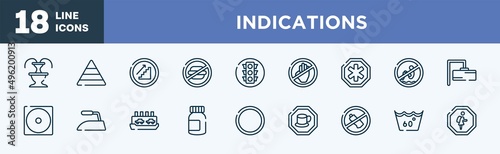 set of indications icons in outline style. indications thin line icons collection. fountain, pyramidal structure, upstairs, not allowed snacks, round traffic, no arms vector.