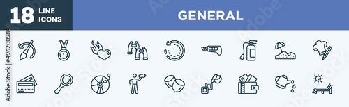 set of general icons in outline style. general thin line icons collection. brush history  win  heart in flames  pair of binoculars  clockwise  stationery knife vector.
