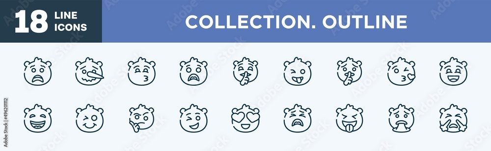 set of collection. outline icons in outline style. collection. outline thin line icons collection. scared emoji, lying emoji, kissing with smiling eyes emoji, surprise quiet crazy vector.