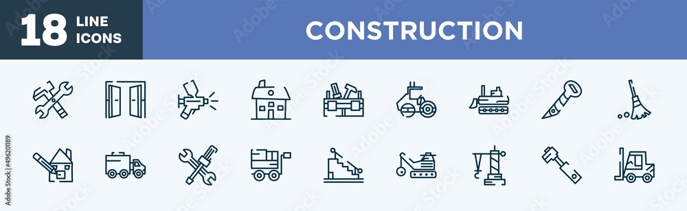 set of construction icons in outline style. construction thin line icons collection. work tools cross, doors open, paint airbrush, house hand drawn building, toolbox, roller hine of construction