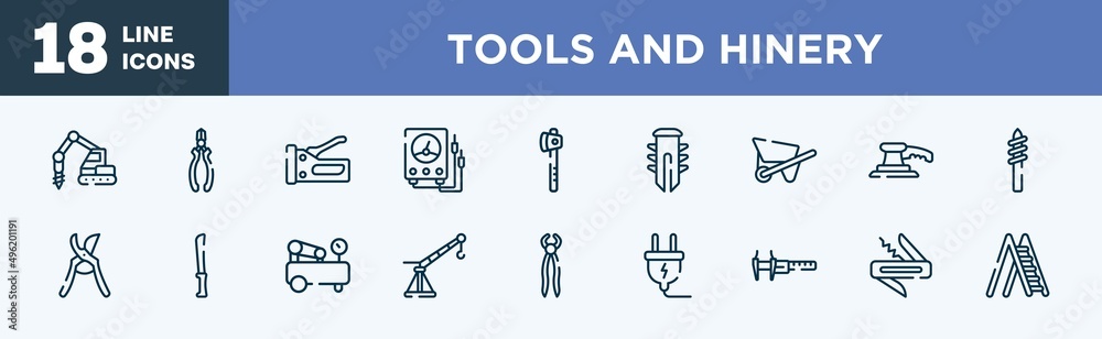 set of tools and hinery icons in outline style. tools and hinery thin line icons collection. trucking, nippers, big stapler, electric gauge, wood cutter, dyupel vector. set of tools and hinery icons in outline style. tools and hinery thin line icons collection. trucking, nippers, big stapler, electric gauge, wood cutter, dyupel vector.