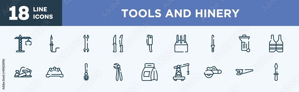 set of tools and hinery icons in outline style. tools and hinery thin line icons collection. null, solder, big double wrench, knives, cleaver, concrete vector. set of tools and hinery icons in outline style. tools and hinery thin line icons collection. null, solder, big double wrench, knives, cleaver, concrete vector.