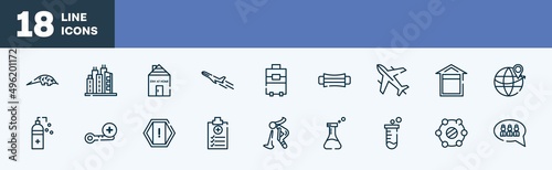 set of icons in outline style. thin line icons collection. pangolin, city, stayhome, plane, suitcase, hygiene mask vector.