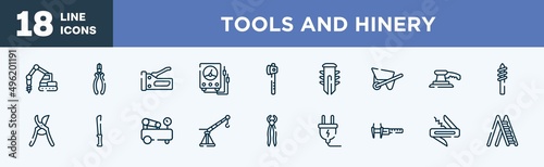set of tools and hinery icons in outline style. tools and hinery thin line icons collection. trucking, nippers, big stapler, electric gauge, wood cutter, dyupel vector.