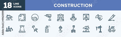 set of construction icons in outline style. construction thin line icons collection. home repair, blueprint hand drawn tool, circular speedometer, null, derrick with box, anchor navigational tool