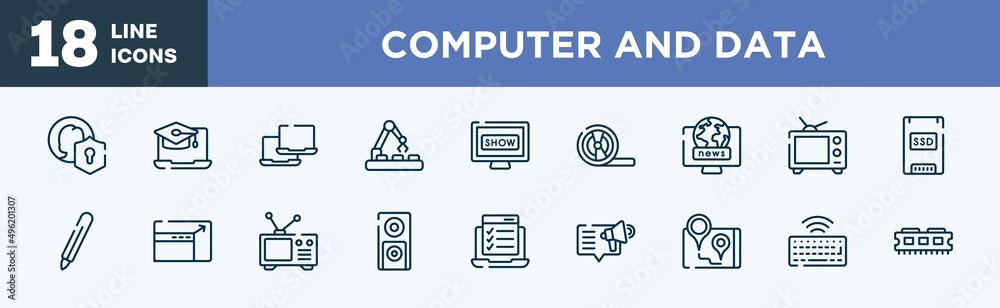 set of computer and data icons in outline style. computer and data thin line icons collection. user protection, online university, laptops, conveyor belt, tv show, magnetic tape vector. set of computer and data icons in outline style. computer and data thin line icons collection. user protection, online university, laptops, conveyor belt, tv show, magnetic tape vector.
