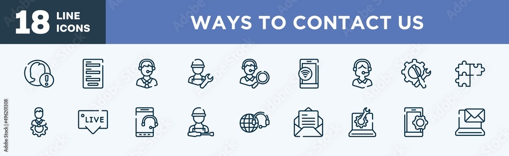 set of ways to contact us icons in outline style. ways to contact us thin line icons collection. end user problem, contact form, call centre, repair expert, looking for a solution, wifi on phone