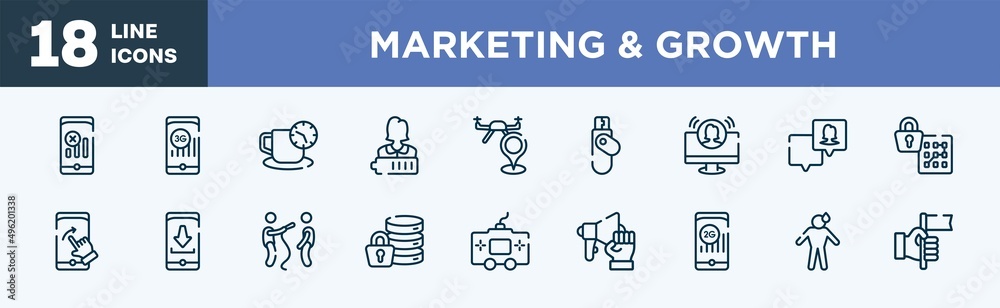 set of marketing & growth icons in outline style. marketing & growth thin line icons collection. no, , coffee break, charged, street map, flash disk vector. set of marketing & growth icons in outline style. marketing & growth thin line icons collection. no, , coffee break, charged, street map, flash disk vector.