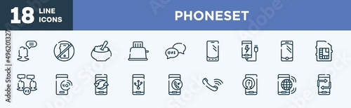 set of phoneset icons in outline style. phoneset thin line icons collection. chief, no calls, porridge, toaster, swearing, mobile phone de vector.