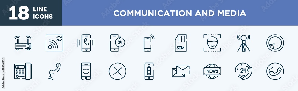 set of communication and media icons in outline style. communication and media thin line icons collection. modem, refresh wifi, smartphone ringing, smartphone 24 hours service, mobilephone, simcard set of communication and media icons in outline style. communication and media thin line icons collection. modem, refresh wifi, smartphone ringing, smartphone 24 hours service, mobilephone, simcard