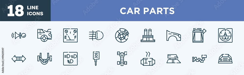 set of car parts icons in outline style. car parts thin line icons collection. car horn, boot, petrol gauge, fog lamp, brake, distributor cap vector. set of car parts icons in outline style. car parts thin line icons collection. car horn, boot, petrol gauge, fog lamp, brake, distributor cap vector.