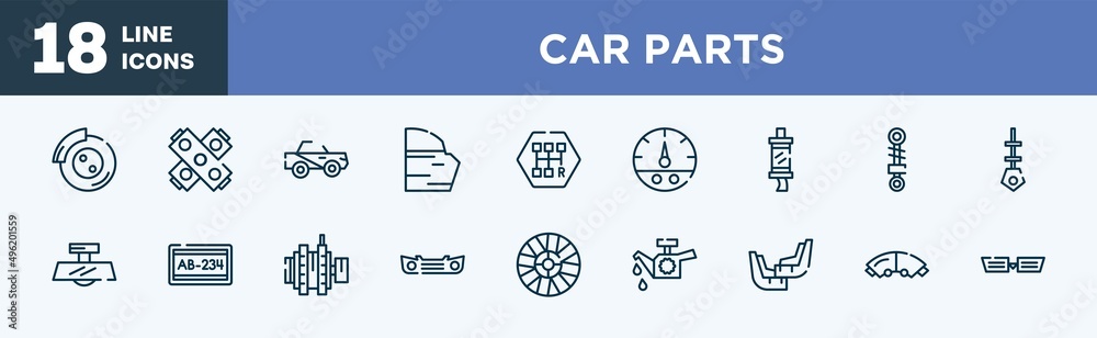 set of car parts icons in outline style. car parts thin line icons collection. car disc brake, gasket, soft top, trim, gearbox, fuel gauge vector. set of car parts icons in outline style. car parts thin line icons collection. car disc brake, gasket, soft top, trim, gearbox, fuel gauge vector.