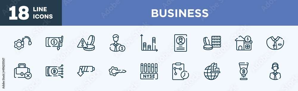 set of business icons in outline style. business thin line icons collection. technical support, inflation, alerts, backer, bars, accounts vector. set of business icons in outline style. business thin line icons collection. technical support, inflation, alerts, backer, bars, accounts vector.