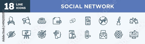 set of social network icons in outline style. social network thin line icons collection. journalist, expertise, tape player, raw file, backup, 4g vector.
