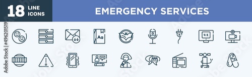 set of emergency services icons in outline style. emergency services thin line icons collection. reaction, servers, receive mail, dictionary, , recorder vector.