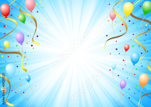 風船と紙吹雪の赤い集中線背景ヨコ