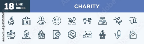 set of charity icons in outline style. charity thin line icons collection. enviromental protection, donation box, clothes donation, smiley face, reforestation, voluntary service vector.