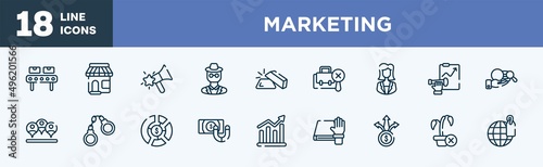 set of marketing icons in outline style. marketing thin line icons collection. manufacture, convenience store, favourites, detective, gold ingot, not search vector.