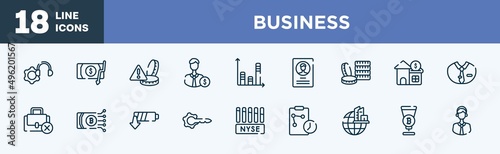 set of business icons in outline style. business thin line icons collection. technical support, inflation, alerts, backer, bars, accounts vector.