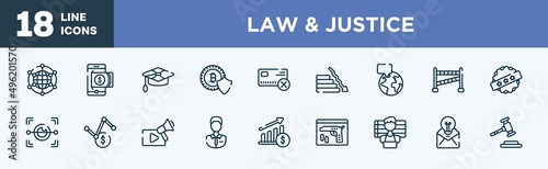 set of law & justice icons in outline style. law & justice thin line icons collection. free trade, withdraw, mortarboard, cryptocurrency, no credit card, fallen vector.