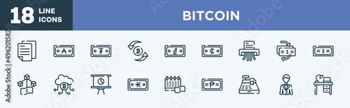 set of bitcoin icons in outline style. bitcoin thin line icons collection. digital, mechanic stairs, criminal, graph line, mailman, viral marketing vector.