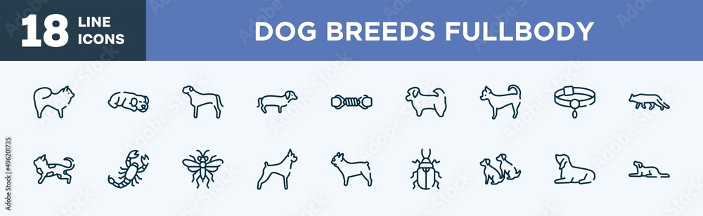 set of dog breeds fullbody icons in outline style. dog breeds fullbody thin line icons collection. chow chow, dog sleeping, bullmastiff, dachshund, pet toy, shih tzu vector.