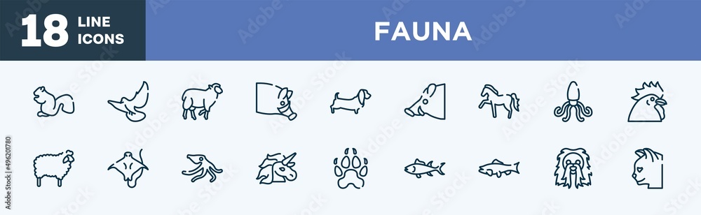 set of fauna icons in outline style. fauna thin line icons collection. sitting squirrell, flying dove, black sheep, hog head, dog with long ears, boar head vector. set of fauna icons in outline style. fauna thin line icons collection. sitting squirrell, flying dove, black sheep, hog head, dog with long ears, boar head vector.