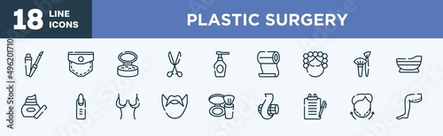 set of plastic surgery icons in outline style. plastic surgery thin line icons collection. lip gloss, pocket, powder, medical tools, spray bottle, roll on vector.