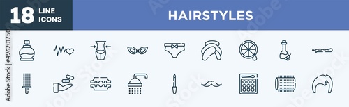 set of hairstyles icons in outline style. hairstyles thin line icons collection. fragance, cardiogram, waist, cat eye glasses, underclo, head towel vector.