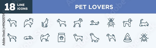 set of pet lovers icons in outline style. pet lovers thin line icons collection. bedlington terrier, pomeranian, egyptian cat, miniature schnauzer, chinese crested, dog lying vector.