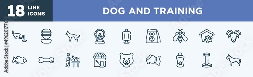 set of dog and training icons in outline style. dog and training thin line icons collection. dog eating, water replenisher, german shepherd, hamster wheel, sponge filter, cat food vector.