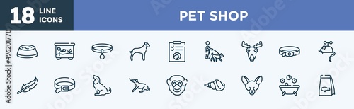 set of pet shop icons in outline style. pet shop thin line icons collection. water bowl, terraraium, collar, great dane, cat health list, dog walker vector. © VectorStockDesign