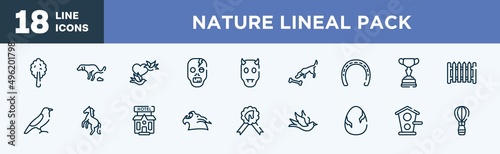 set of nature lineal pack icons in outline style. nature lineal pack thin line icons collection. plain tree, dog shitting, birds couple, zombie, devil, dog smelling a bone vector.