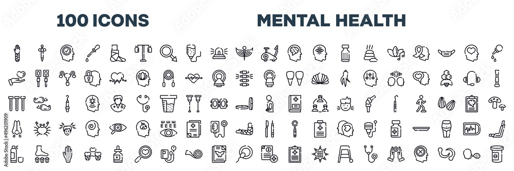 set of mental health icons in editable thin line style. mental health outline icons collection. allergic, denture, fluid, health check, sphygmomanometer, medical tape stock vector.