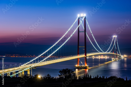 1915 Canakkale Bridge in Canakkale, Turkey. World's longest suspension bridge opened in Turkey. Turkish: 1915 Canakkale Koprusu. Bridge connect the Lapseki to the Gelibolu. © resul