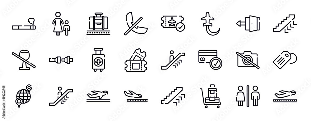 in the airport thin line icons collection. in the airport editable outline icons set. exit, ors down, no drinks, fasten your seatbelts, medical, ticket card stock vector. in the airport thin line icons collection. in the airport editable outline icons set. exit, ors down, no drinks, fasten your seatbelts, medical, ticket card stock vector.