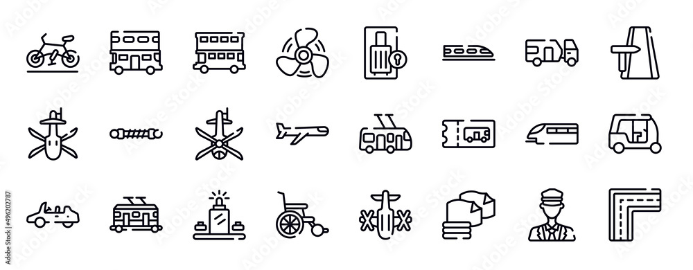driving school thin line icons collection. driving school editable outline icons set. touristic, road trip, military helicopter bottom view, damper, helicopter black shape top view, airplane stock