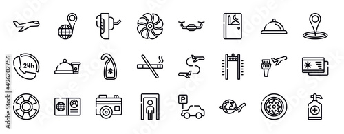 travel accessories thin line icons collection. travel accessories editable outline icons set. bell reception, place point, 24 hours phone attention service, snacks, hang, smoking prohibition stock