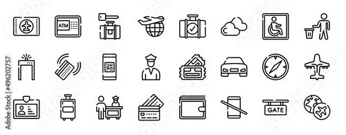 airport and travel thin line icons collection. airport and travel editable outline icons set. wheelchair accessible, use bin, metal detector gate, check in with card, qr code scan, customs police