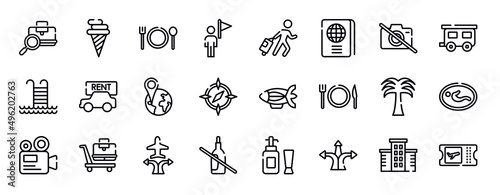 travel thin line icons collection. travel editable outline icons set. no photos, house trailer, swimming pool ladder, rent a car, position, round compass stock vector.
