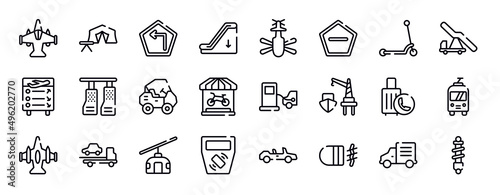 bike shop thin line icons collection. bike shop editable outline icons set. kick, aircraft stairs, flight information, car pedals, all terrain, bike shop stock vector.