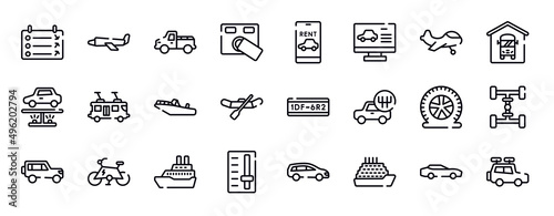 transport thin line icons collection. transport editable outline icons set. small plane, bus depot, undercarriage, tramway, motorboat, watercraft stock vector.