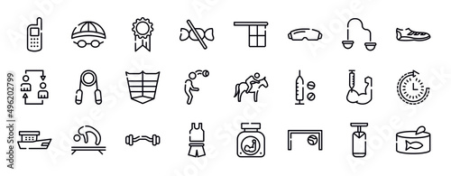 fisherman thin line icons collection. fisherman editable outline icons set. resistance band, soccer boots, substitution, handgrip, abs, head hitting stock vector.
