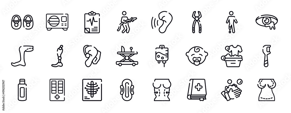 plastic surgery thin line icons collection. plastic surgery editable outline icons set. prosthetic, infection, legs, prothesis, hearing aid, baby walker stock vector.