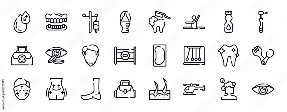 medical thin line icons collection. medical editable outline icons set. talcum powder, dental drill, doctor briefcase, contact lens, chin, road block stock vector.