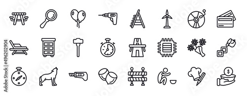 general thin line icons collection. general editable outline icons set. cd record, credit cards, deckchair, office cabinet, sledgehammer, analog stopwatch stock vector.