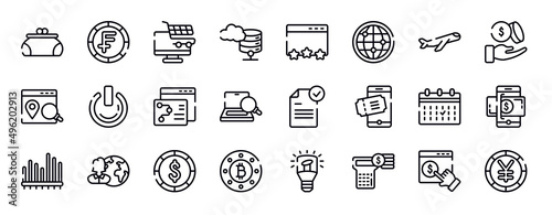 business and finance thin line icons collection. business and finance editable outline icons set. inclined airplane, dollar coins and hand, place optimizer, on power, seo strategy, optimizer stock