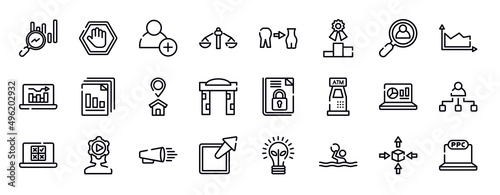 seo and marketing thin line icons collection. seo and marketing editable outline icons set. hiring, area chart, online graph, diagram files, home address, welcome gate stock vector.